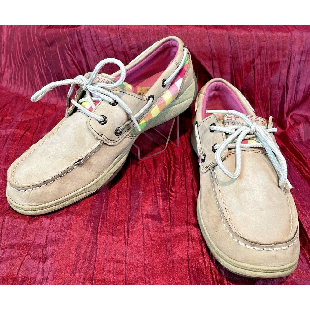 Girls Sperry TopSider Intrepid Tan Leather Plaid Panels Deck Boat Shoes sz 4.5M